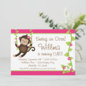 モンキーピンクモダンとグリーン誕生日パーティー招待状 招待状 (スタンド正面)