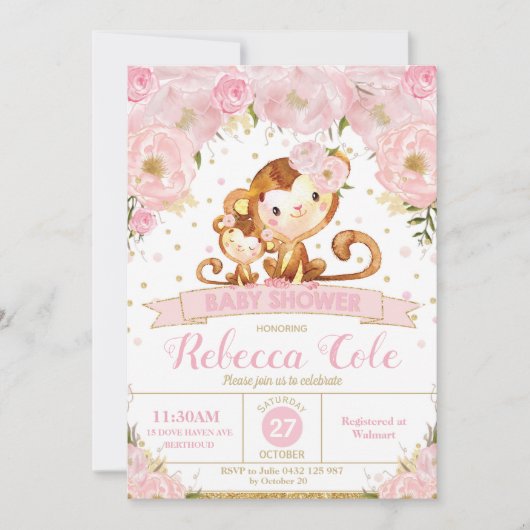モンキーフローラベビーシャワー招待状ガール 招待状 (正面)