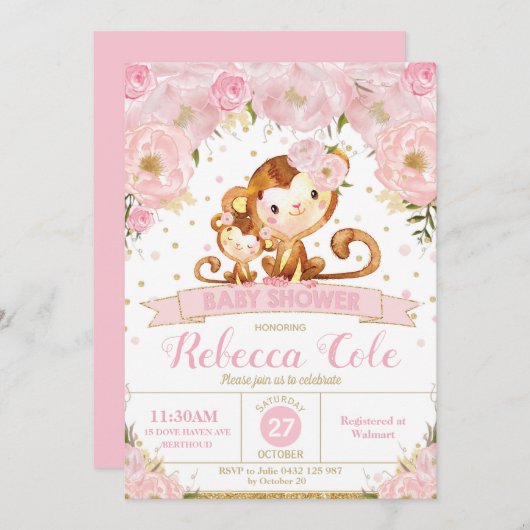 モンキーフローラベビーシャワー招待状ガール 招待状 (正面/裏面)
