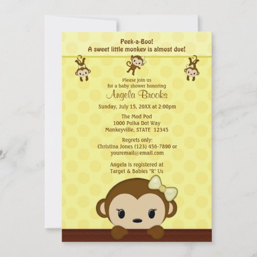 モンキーベビーシャワー招待ポルカイエローガール 招待状 (正面)