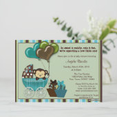 モンキーベビーシャワー招待状ティール(緑がかった色) 招待状 (スタンド正面)