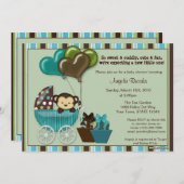 モンキーベビーシャワー招待状ティール(緑がかった色) 招待状 (正面/裏面)