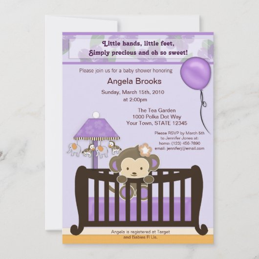 モンキーベビーシャワー招待状パープル 招待状 (正面)