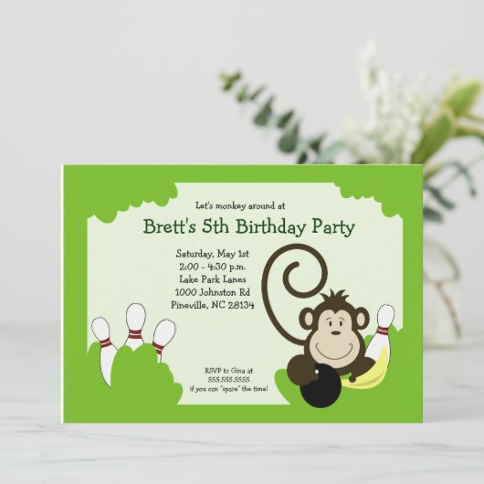 モンキーボウルボーリングパーティー誕生日5 x 7 招待状 (スタンド正面)