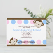 モンキーモダンツインピンク/ブルー5x7誕生日 招待状 (スタンド正面)