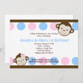 モンキーモダンツインピンク/ブルー5x7誕生日 招待状 (正面/裏面)