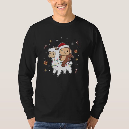 モンキーラマクリスマススノーウィンターアニマルズ Tシャツ (正面)