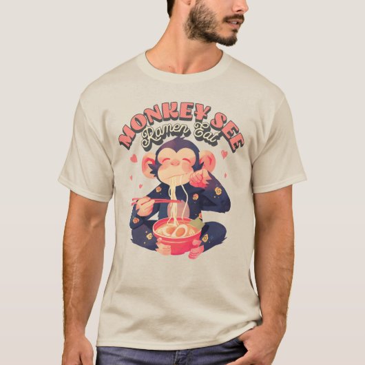 モンキーラーメン食べ可愛いレトロおもしろいサル Tシャツ (正面)