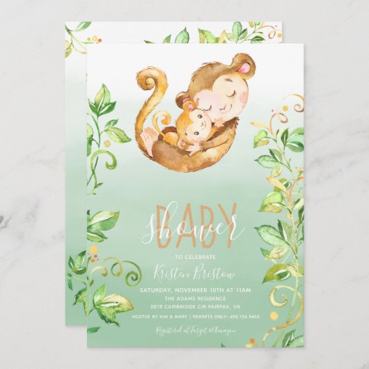 モンキー動物ジャングルベビーシャワー招待状 招待状 (正面/裏面)