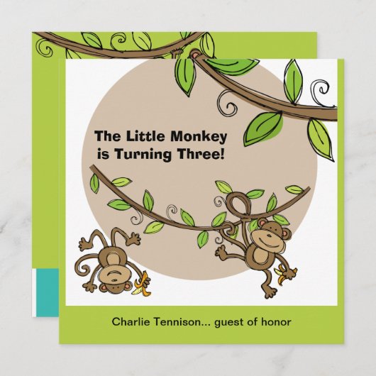 モンキー動物園動物誕生日招待状 招待状 (正面/裏面)