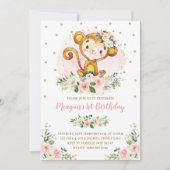 モンキー1st誕生日赤面ピンクフローラワイルドワン 招待状 (正面)