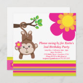 モンキー·ガール(ピンク)誕生日パーティーの招待 招待状 (正面/裏面)