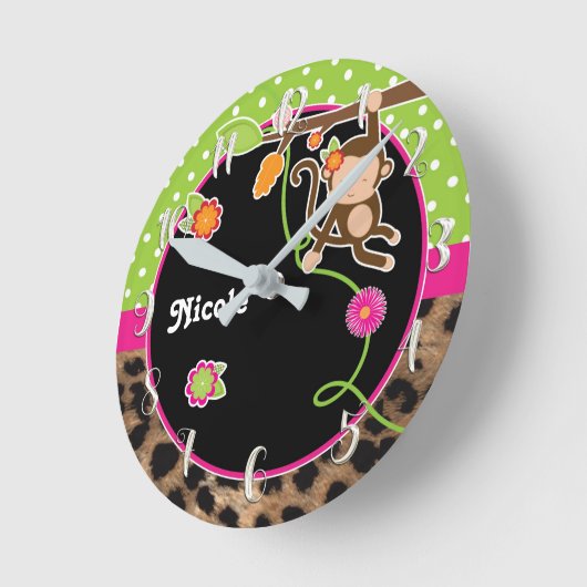 モンキー&フラワーピンク緑サファリシックカスタマイズ ラウンド壁時計 (傾斜)