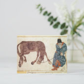 モンゴルの遊牧民が馬を水に連れて行く ポストカード (スタンド正面)