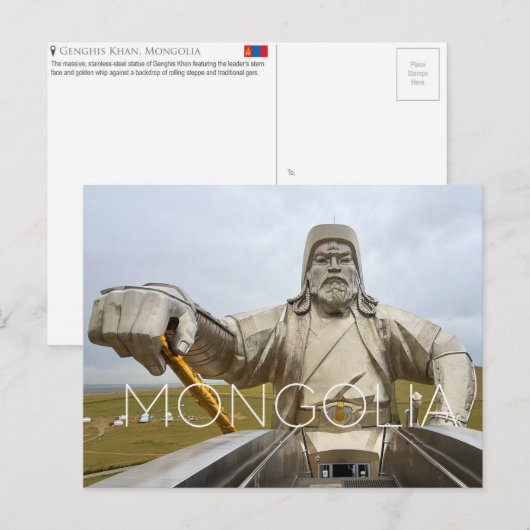 モンゴル旅行絵葉書、チンギス・ハンの像 ポストカード (正面/裏面)
