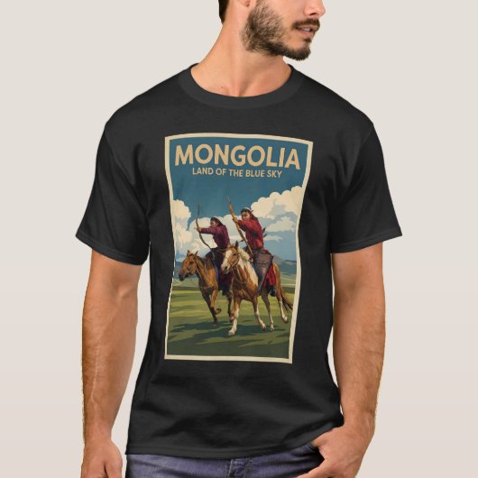 モンゴル 馬 イラスト 旅行 アート ヴィンテージ Tシャツ (正面)