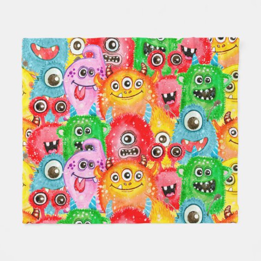 モンスタおもしろいーズ、水彩シームレスパターン。 フリースブランケット (正面(横))