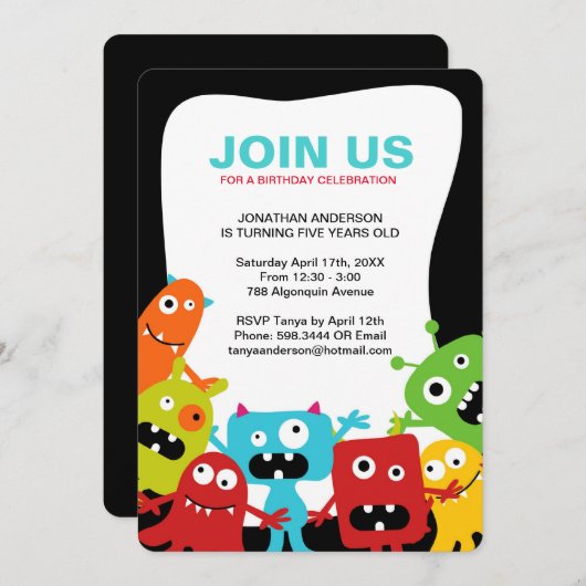 モンスタカラフルーズ – バースデーパーティーへの招待 招待状 (正面/裏面)