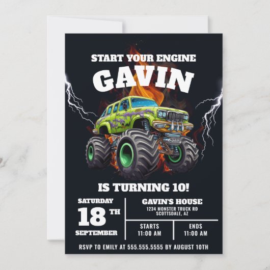 モンスタパーソナライズされたートラック編集可能バースデーパーティー 招待状 (正面)