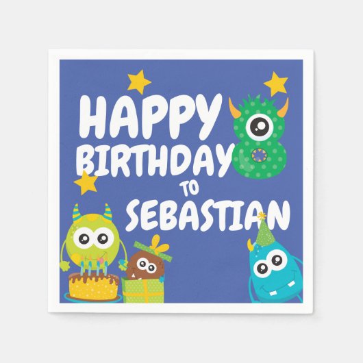 モンスターおもしろい8歳誕生日 パーソナライズされた スタンダードカクテルナプキン (正面)