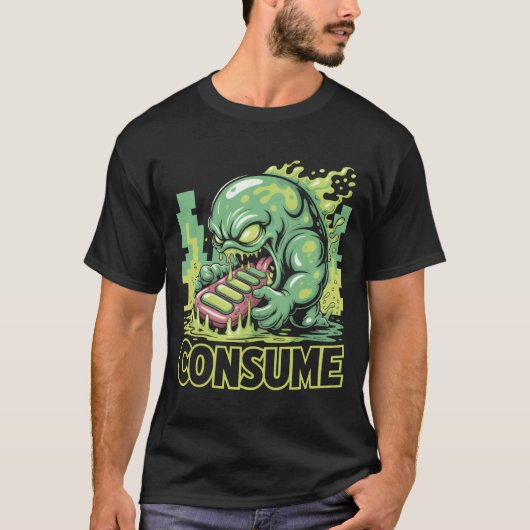 モンスターがスマホを食べる面白いソーシャル・コメンタリー Tシャツ (正面)