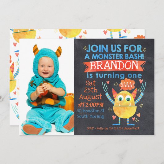 モンスターの写真の水彩画の第1誕生日の招待状 招待状 (正面/裏面)