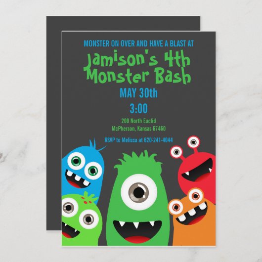 モンスターの強打の子供の誕生日のパーティの招待状 招待状 (正面/裏面)