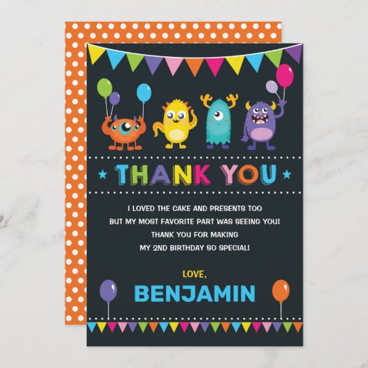 モンスターの誕生日の強打の黒板のサンキューカード 招待状 (正面/裏面)