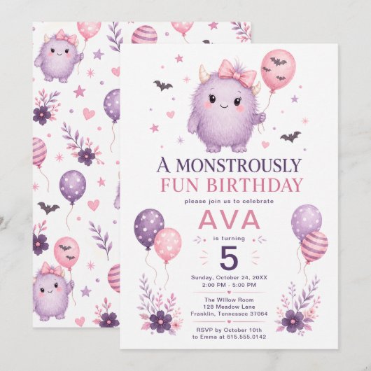 モンスターの5歳の誕生日おめでとう 招待状 (正面/裏面)