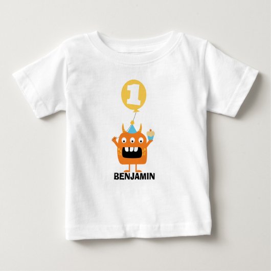 モンスターカップケーキバルーン1st誕生日Tシャツ ベビーTシャツ (正面)