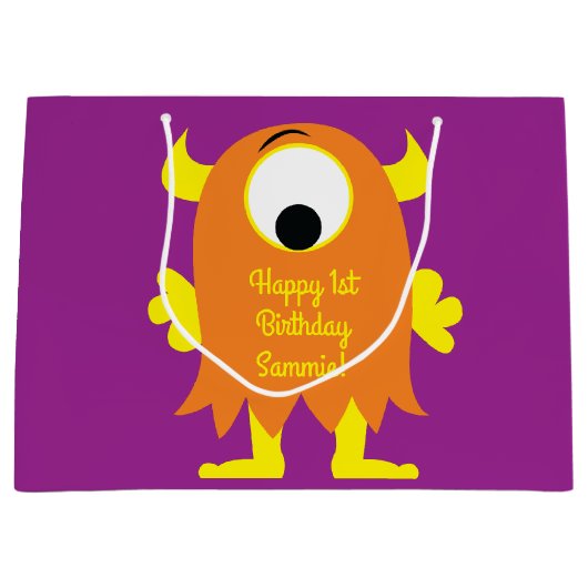 モンスターカワイイおもしろいー1歳の誕生日パーティーテーマ ラージペーパーバッグ (正面)