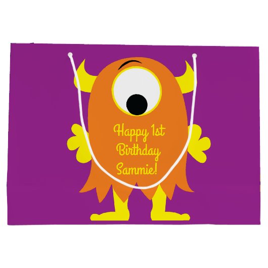 モンスターカワイイおもしろいー1歳の誕生日パーティーテーマ ラージペーパーバッグ (裏面)