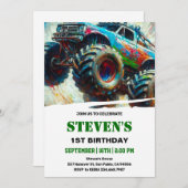 モンスターカー 1歳の誕生日 招待状 (正面/裏面)