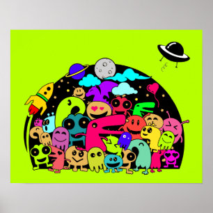 モンスタークリージャーイン宇宙ドードルデザイン ポスター