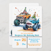 モンスターシャークトラック誕生日バッシュウォーターカラーアート 招待状 (正面/裏面)