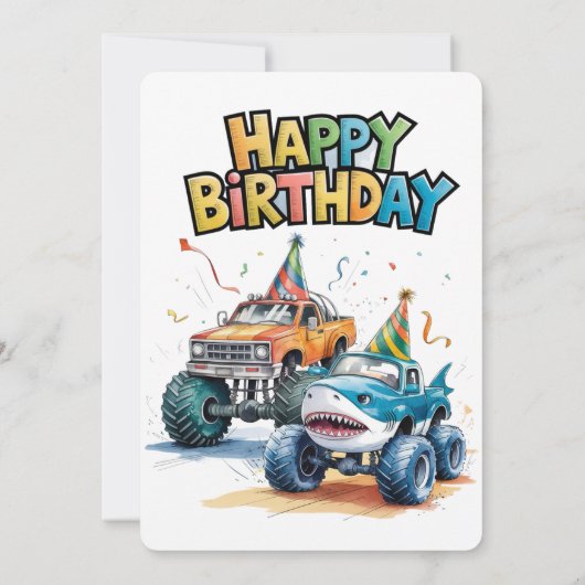 モンスターシャークトラック誕生日バッシュウォーターカラーアート 招待状 (裏面)