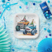 モンスターシャークトラック誕生日バッシュ水色 ペーパープレート (パーティー)