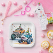 モンスターシャークトラック誕生日バッシュ水色 ペーパープレート (パーティー)