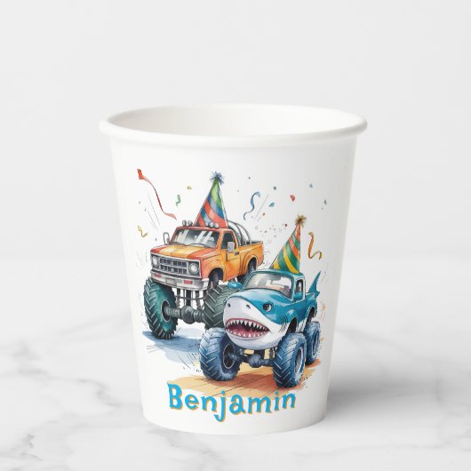 モンスターシャークトラック誕生日バッシュ水色 紙コップ (正面)