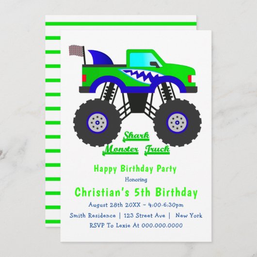 モンスターシャークトラック5誕生日招待状 (正面/裏面)