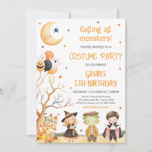 モンスタースハロウィーンコスチューム誕生日 招待状 (正面)