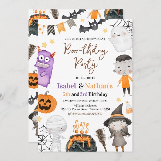 モンスタースハロウィーンダブル誕生日 招待状 (正面/裏面)