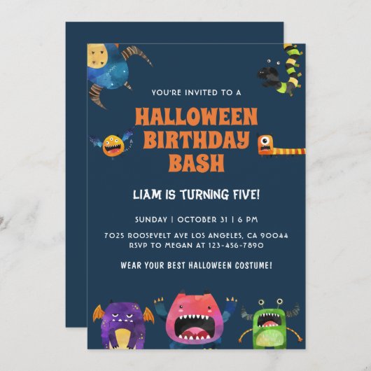 モンスタースハロウィーン誕生日招待状 招待状 (正面/裏面)