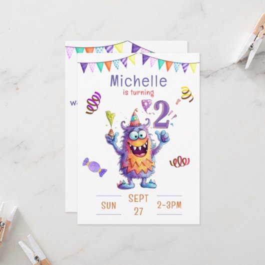 モンスターツーイヤー誕生日招待状 招待状 (正面/裏面インサイチュ)