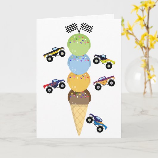 モンスタートラックおよびアイスクリームコーンの誕生日の週末 カード (黄色い花)