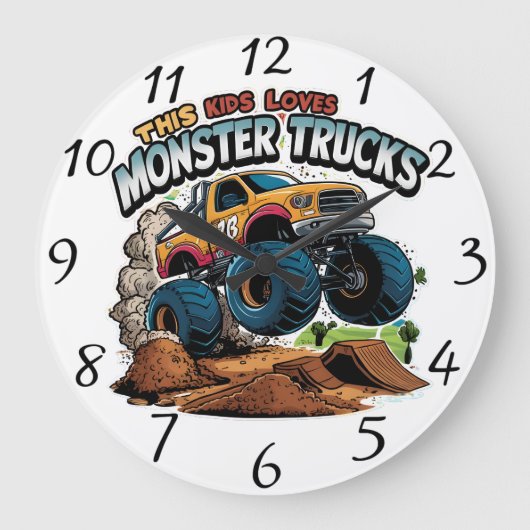 モンスタートラックが土の山の上に急上昇 ラージ壁時計 (正面)