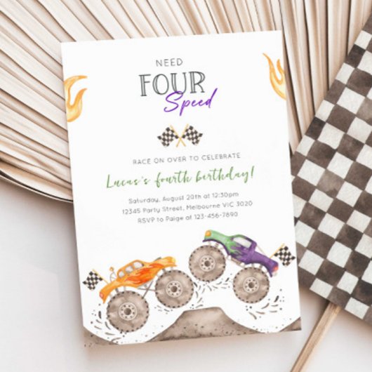 モンスタートラックが4つのスピードが必要な4歳の誕生日招待状 招待状