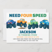 モンスタートラックが4速レース誕生日を必要 招待状 (正面)
