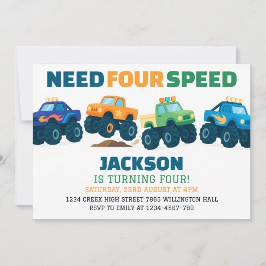 モンスタートラックが4速レース誕生日を必要 招待状 (正面)