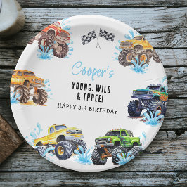 モンスタートラックで楽しい3歳の誕生日プールパーティー ペーパープレート